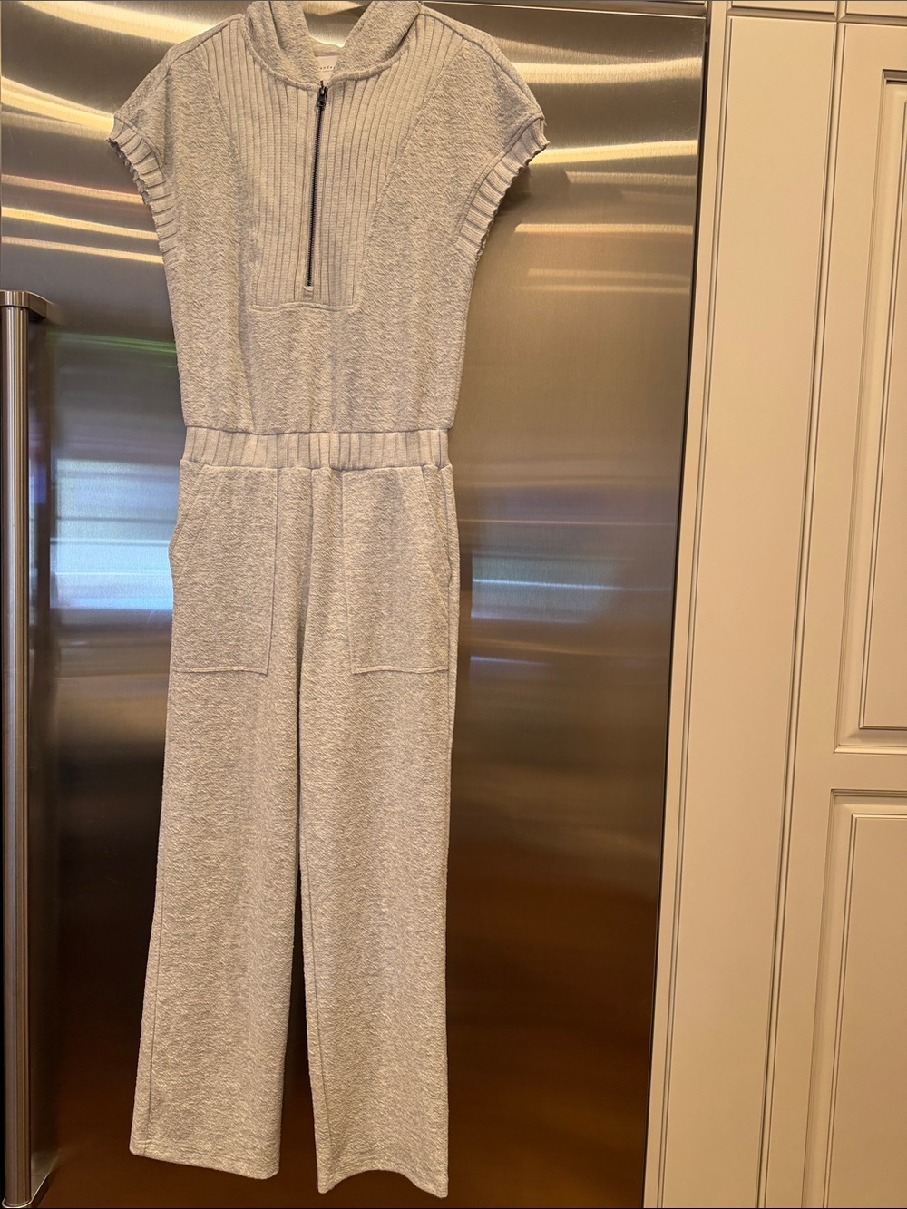 Sundays Cozy Light Gray Knit Jumpsuit with Half-Zip.  29 inseam